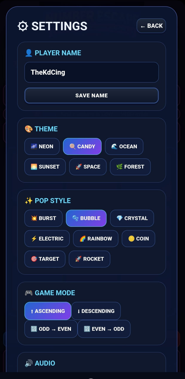 Number Escape settings screen