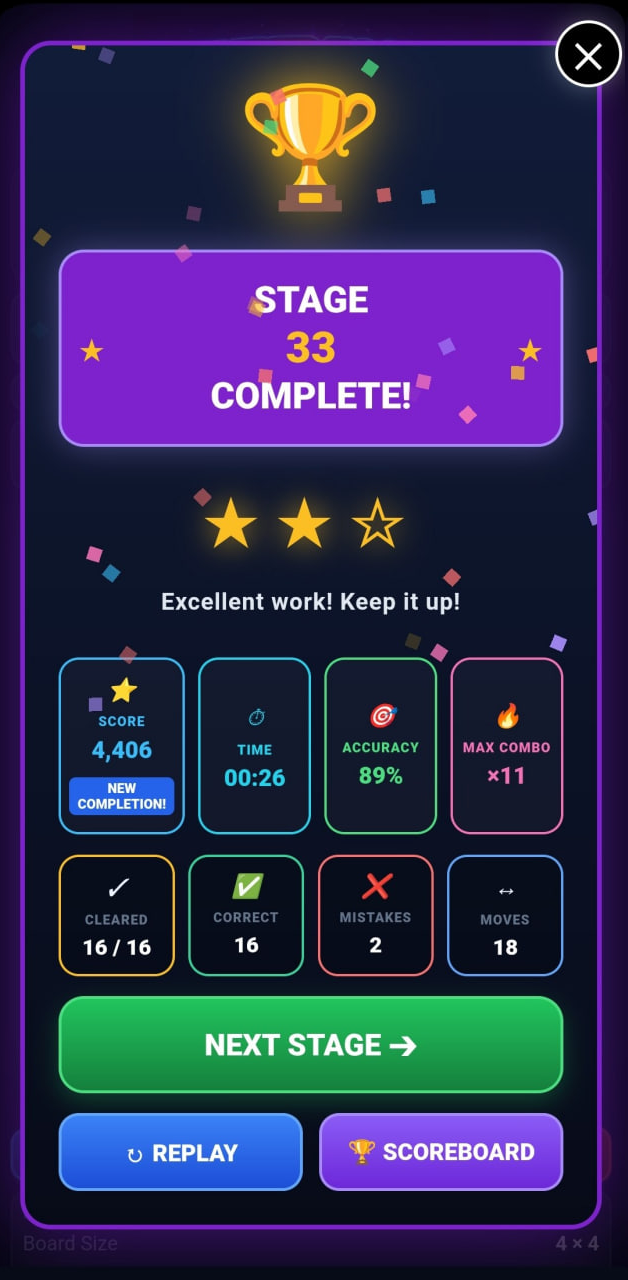 Number Escape stage complete screen