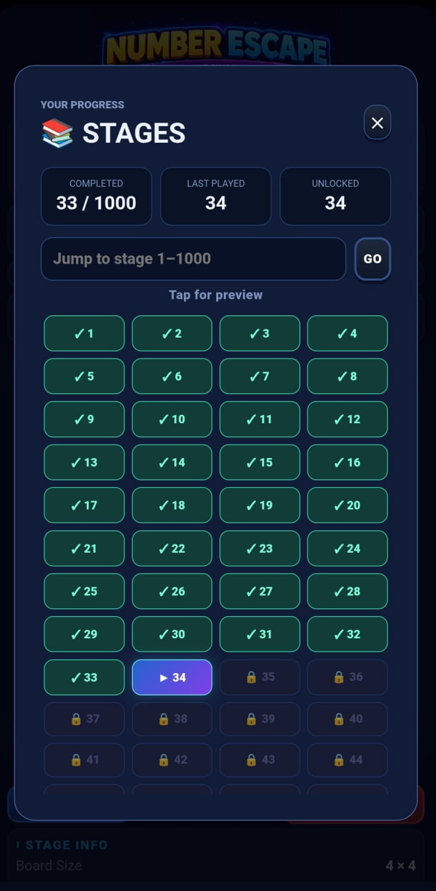 Number Escape stages and progress screen