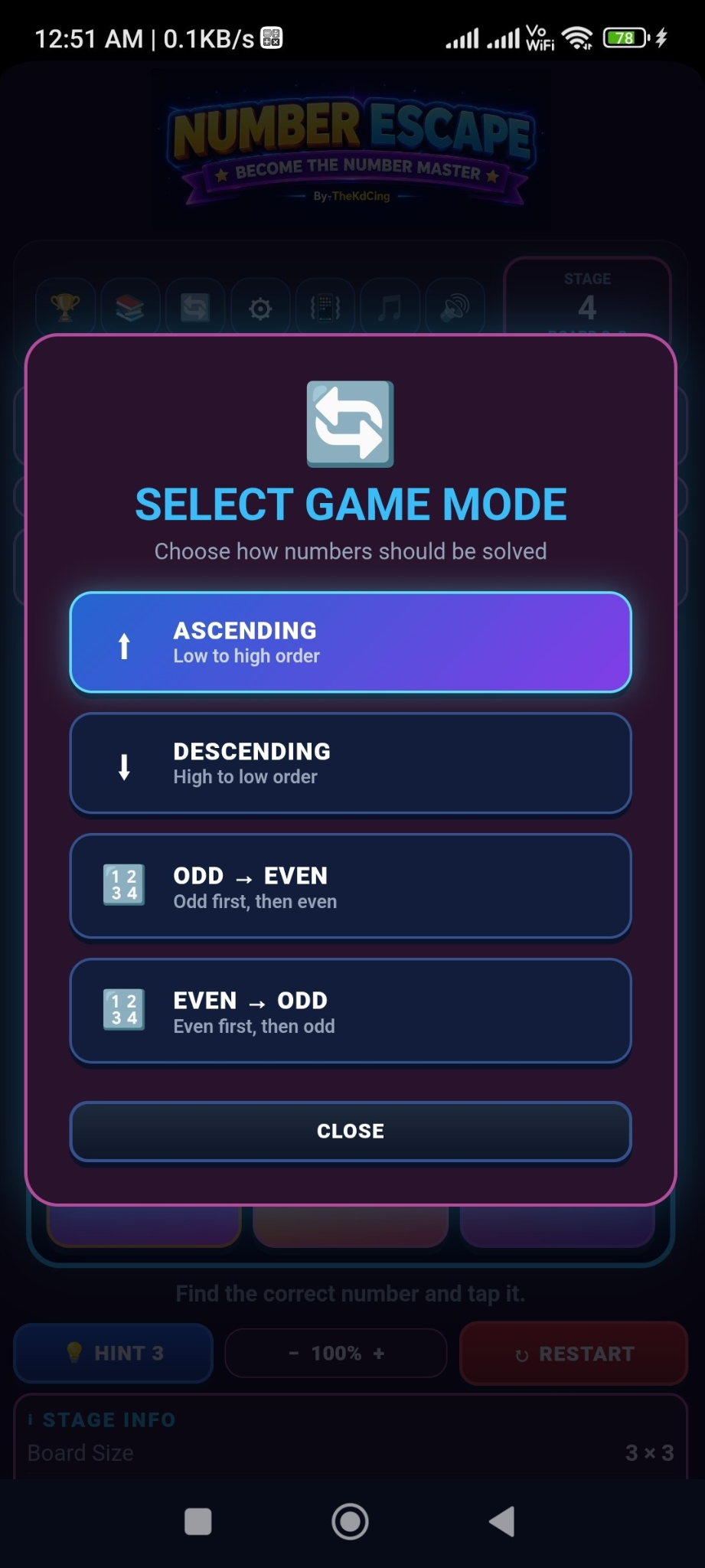 Number Escape game mode selection
