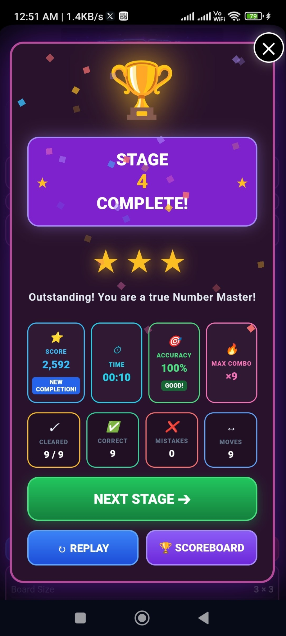 Number Escape stage complete screen